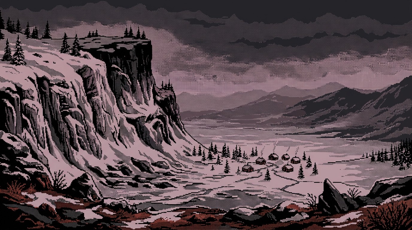 Pixel-art illustration of a snowy bluff above a frozen valley with a small village