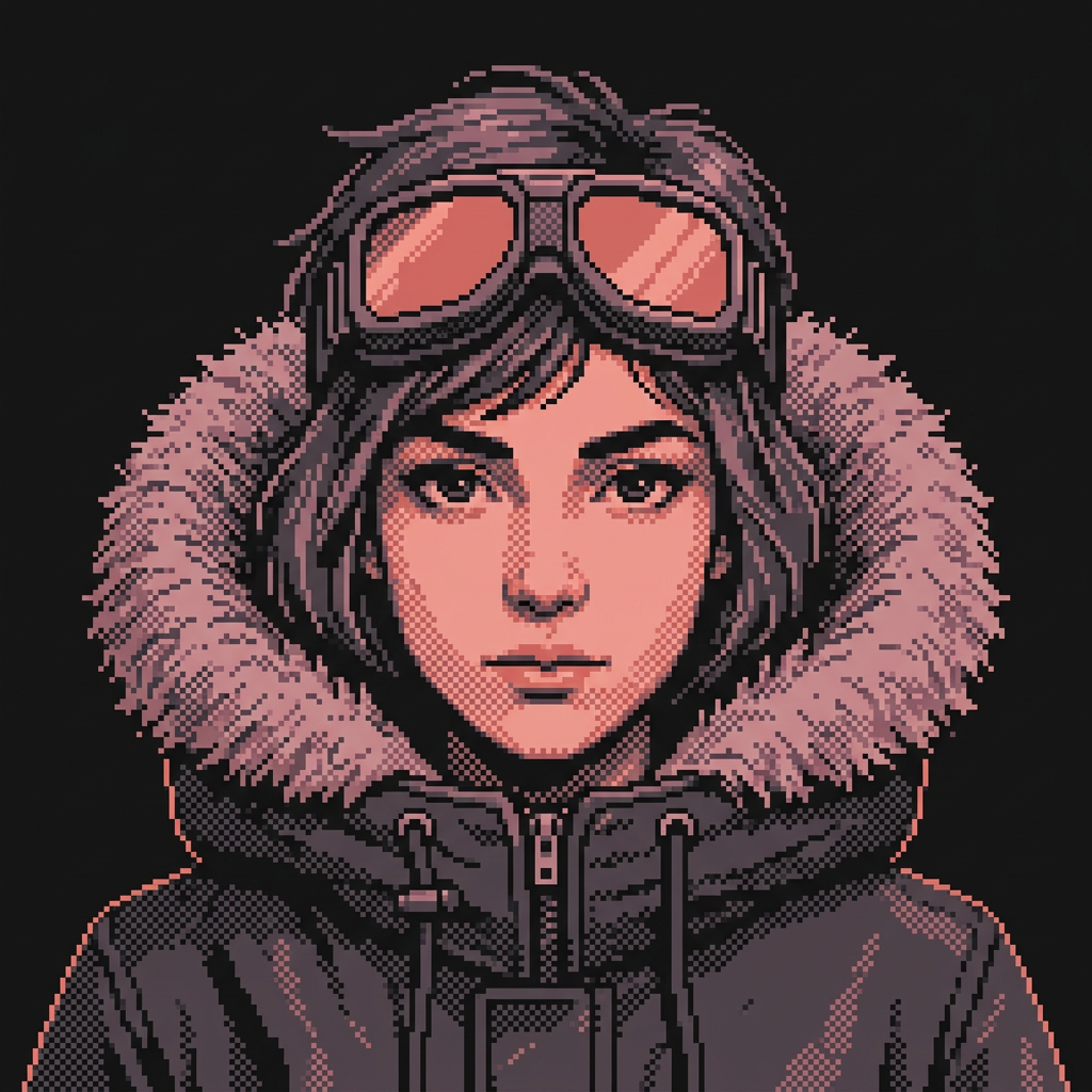 Pixel portrait of a woman with goggles and a fur hood
